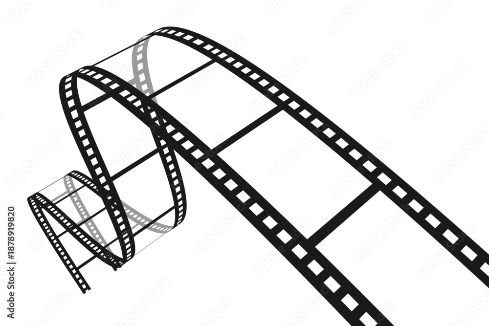 Fototapeta premium Curved movie reel in perspective. Blank curvy film strip isolated on white background. Vector illustration