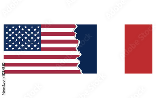 USA France conflict concept stock image, USA France breakup, usa France map break