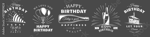 Birthday logo set featuring balloons, festive cap, confetti, cake slice with candle, champagne bottle. Birthday labels design isolated on black background. Vector illustration