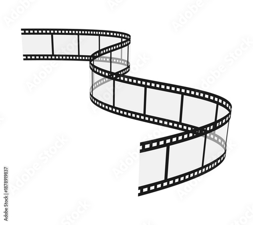 Blank transparent curved film strip isolated on white background. Wavy movie reel in perspective. Vector illustration