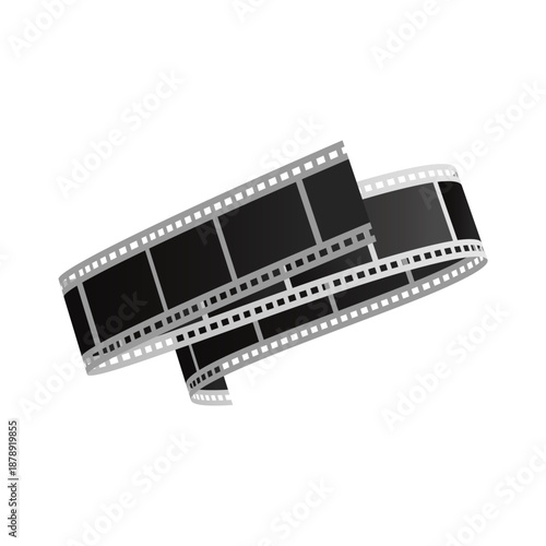 Folded silver film strip movie tape isolated on white background. Realistic movie reel in perspective. Vector illustration