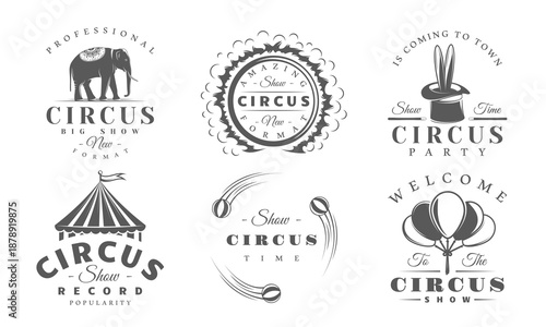 Circus logo set features an elephant, fire hoop, striped tent, juggling balls and magic hat. Vintage carnival and circus branding or festival decoration. Vector illustration