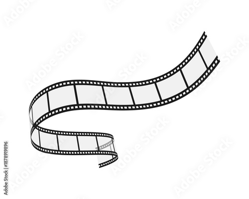 Blank curvy film strip isolated on white background. Wavy movie reel in perspective. Vector illustration