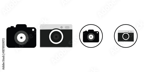 Camera Icon Set in Multiple Styles – Digital Photo Camera, DSLR & Mirrorless Photography Symbols with Lens, Shutter and Aperture, Flat, Outline and Stroke Vector Icons Isolated