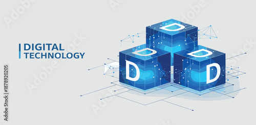 Digital Technology Concept with Abstract Cubes and Network Lines Representing Data and Connectivity