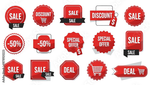 Collection of red promotional tags and stickers for discounts and sales on products