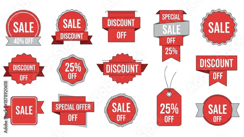 A collection of red discount and sale labels, stickers, and tags on a white background viewed from directly above.