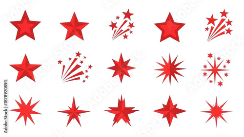 Collection of red star illustrations in various styles and sizes displayed together on a plain background from a straightforward viewpoint
