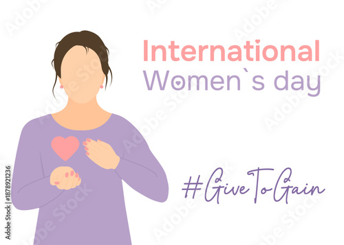 International Women's Day banner, Give To Gain campaign, postcard with a faceless woman