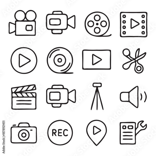This image displays a collection of icons related to video and audio production. The icons include various symbols representing cameras, video tapes, film reels, editing tools, and sound equipment.
