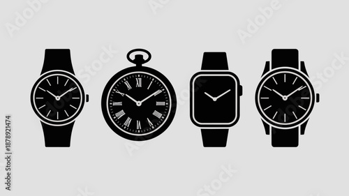 a collection of four distinct timepieces depicted in a monochrome style showcasing varying watch designs and aesthetics against a plain background high quality professional detailed modern