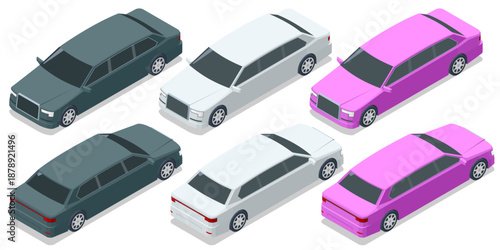 Isometric limousine car set in different colors, luxury transport viewed from front and rear angles. Premium vehicle concept for business, security, VIP travel, chauffeur service, and elite