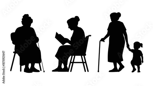 a silhouette depiction showcases three elderly women and a young child seated and standing suggesting intergenerational connection and family life high quality professional detailed modern elegant