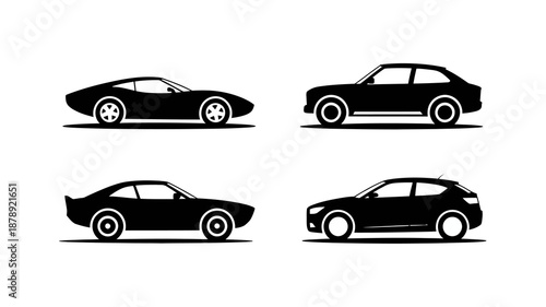 a minimalistic depiction of four different car silhouettes in solid black presented on a clean white background showcasing vehicle design variations high quality professional detailed modern
