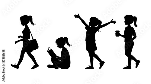 a silhouetted depiction of four young girls engaged in different activities showing walking reading jumping and holding a beverage high quality professional detailed modern elegant stylish