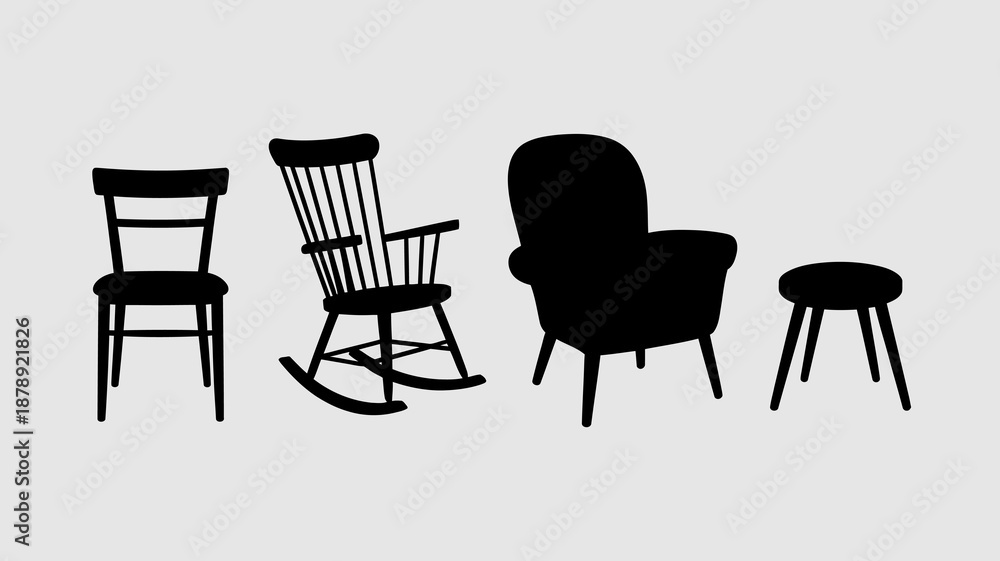 Αυτοκόλλητο a monochromatic illustration depicts a variety of seating options including chai