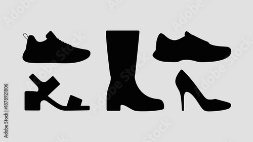 a minimalist composition showcases varied footwear silhouettes in black against a pale gray backdrop depicting a boot heel sneaker and sandal high quality professional detailed modern