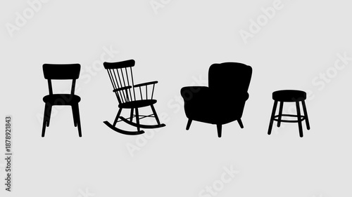 a minimalist collection of black silhouettes depicts various seating options including chairs a rocking chair and small stools against a light gray background high quality professional