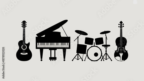 a silhouette depiction of various musical instruments including a guitar piano drum set and cello presenting a harmonious arrangement high quality professional detailed modern elegant stylish