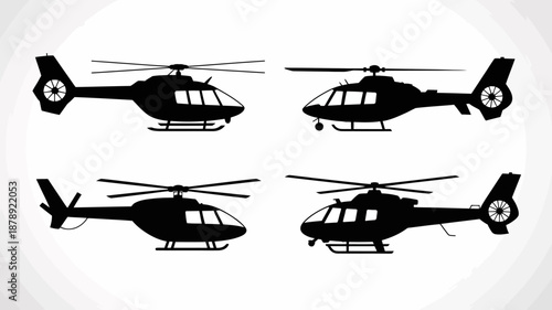 a visual representation displaying four distinct silhouettes of helicopters showcasing side and top views in black against a white background high quality professional detailed modern elegant