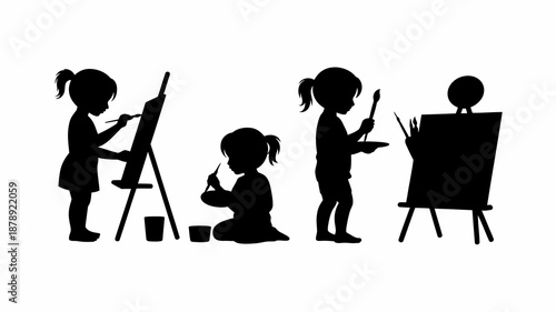 a silhouette depiction of children engaged in artistic activities painting and drawing on canvases with easels and brushes high quality professional detailed modern elegant stylish clean