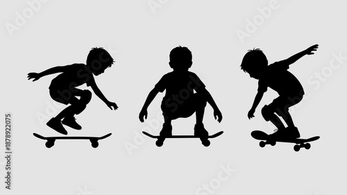 three silhouetted figures of children actively skateboarding exhibiting different poses and movements on their boards captured in a minimalist style high quality professional detailed modern elegant