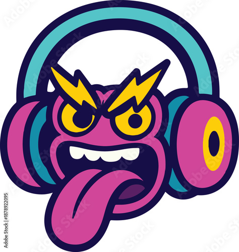Funny music icon featuring oversized headphones with a wild rockstar attitude transparent