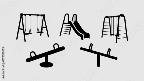 a simple black and white illustration depicts a playground scene with a slide swings and seesaws suggesting childhood fun and outdoor activity high quality professional detailed