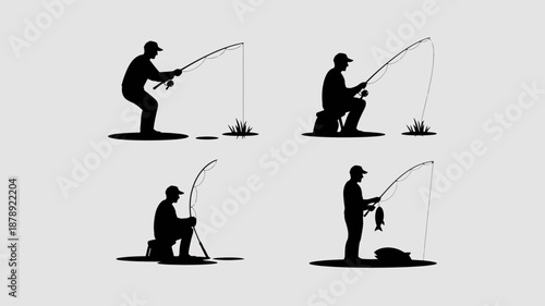silhouette depictions showcase four individuals engaged in the peaceful activity of fishing each presenting a unique posture and angling style high quality professional detailed modern elegant