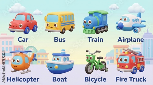 Colorful Cartoon Vehicles for Children, Featuring Cars, Buses, Trains, and More in a Fun Environment