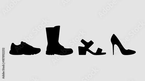 a black and white silhouette image displays several types of footwear including a boot a loafer a sandal and a high heeled shoe high quality professional