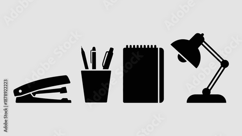 a minimalist illustration depicts common office supplies including a stapler pen holder notebook and adjustable desk lamp on a light gray background high quality professional detailed