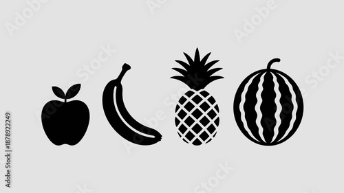 a simple illustration depicting a variety of fresh fruits including an apple banana pineapple and watermelon in black silhouettes high quality professional detailed modern elegant stylish