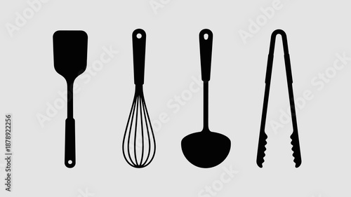 a minimalist illustration showcases four essential black kitchen utensils a spatula whisk ladle and tongs against a light gray backdrop high quality professional detailed modern elegant