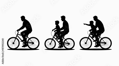 a silhouette illustration displays a progression of a father teaching his son to ride a bicycle showcasing growth and development high quality professional detailed modern elegant