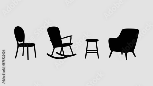A minimalistic grayscale depiction showcases four different silhouettes of chairs and a stool arranged horizontally against a light background high quality professional detailed modern elegant stylish