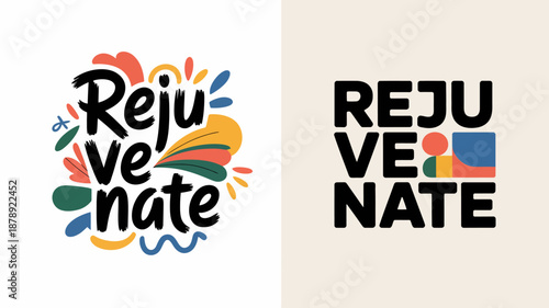 a split design showcases the word rejuvenate in two distinct styles one colorful and illustrative the other bold and minimalist high quality professional detailed modern elegant