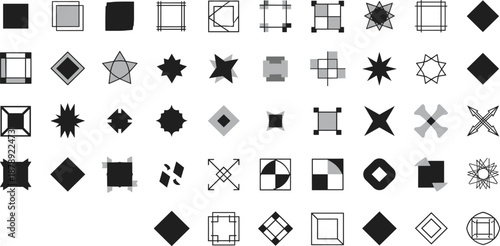 A collection of various geometric shapes and icons arranged in a grid pattern, featuring stars, squares, and other abstract designs.