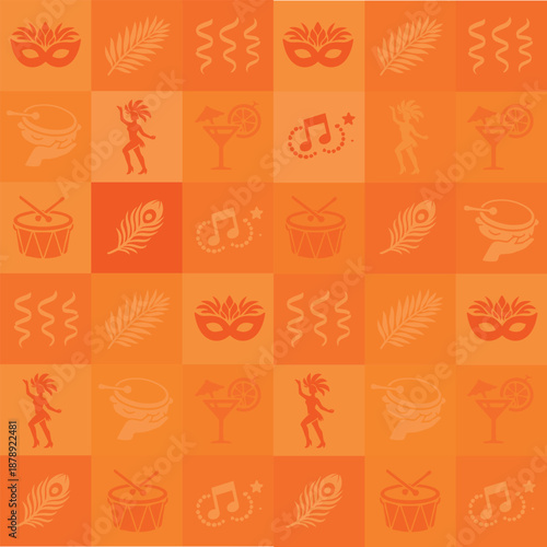 Vibrant seamless pattern on orange background with carnival icons including dancing figures, masks, music notes, feathers, fireworks, and party elements, ideal for festive wallpapers and designs.