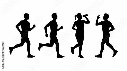 a silhouette depiction of five individuals actively engaged in running showcasing dynamic movement and athletic activity against a plain white background high quality professional detailed modern