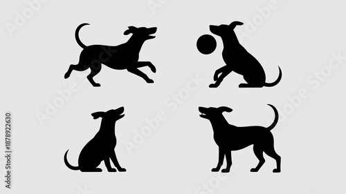 Silhouettes of playful dogs engaged in various activities including running jumping for a ball and sitting calmly showcased in a grayscale palette high quality professional detailed