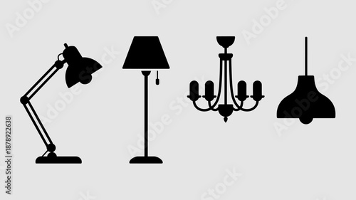 a collection of minimalist black lamp silhouettes including a desk lamp table lamps a chandelier and a pendant light presented on a light grey backdrop