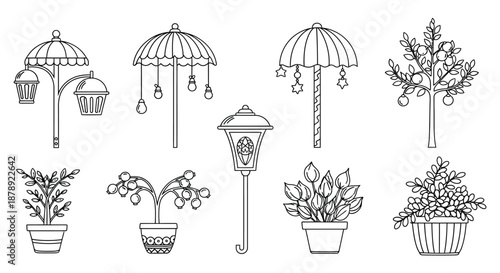 Elegant garden decor with umbrellas and plants Vector