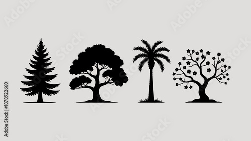 a simple illustration depicts four distinct tree silhouettes against a light grey background showcasing variations in foliage and form high quality professional detailed modern elegant stylish