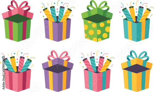 Colorful Gift Box Celebration Vector Set  Confetti and Party Surprises