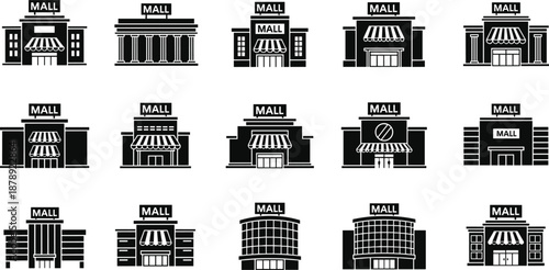 Collection of Shopping Mall Silhouette Icons and Commercial Building Vector Graphics Isolated on White Background for Retail Business Web Design, Marketing, and Urban Infrastructure Projects