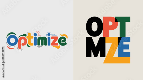The image displays the word optimize presented in a colorful and stylized design alongside a bold block letter version high quality professional detailed modern elegant stylish