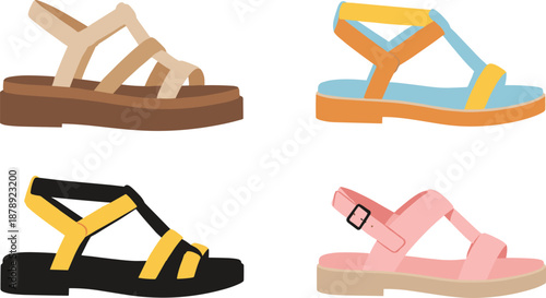 Summer Sandals Footwear Illustration Set with Flat Strappy Shoes in Different Colors for Casual Fashion, Beach Wear, and Warm Season Style Design