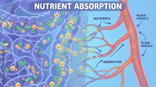 Detailed Illustration of Nutrient Absorption Process in Human Body Highlighting Blood Vessels and Nutrients