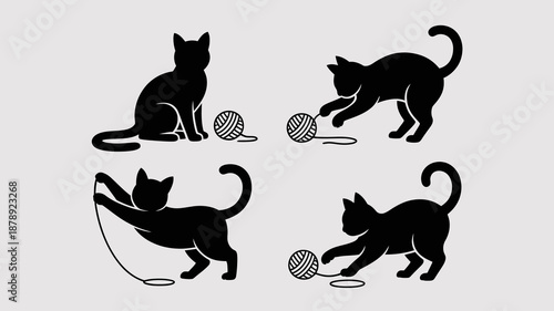 a minimalistic illustration showcases four black silhouettes of playful cats interacting with yarn balls in various dynamic poses high quality professional detailed modern elegant stylish clean